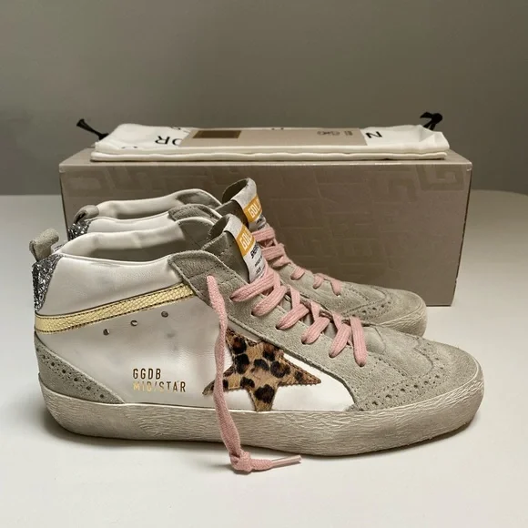 Golden Goose Mid Star Sneaker White Leather/Gold/Leopard Star sz 38 New in Box - Picture 5 of 14